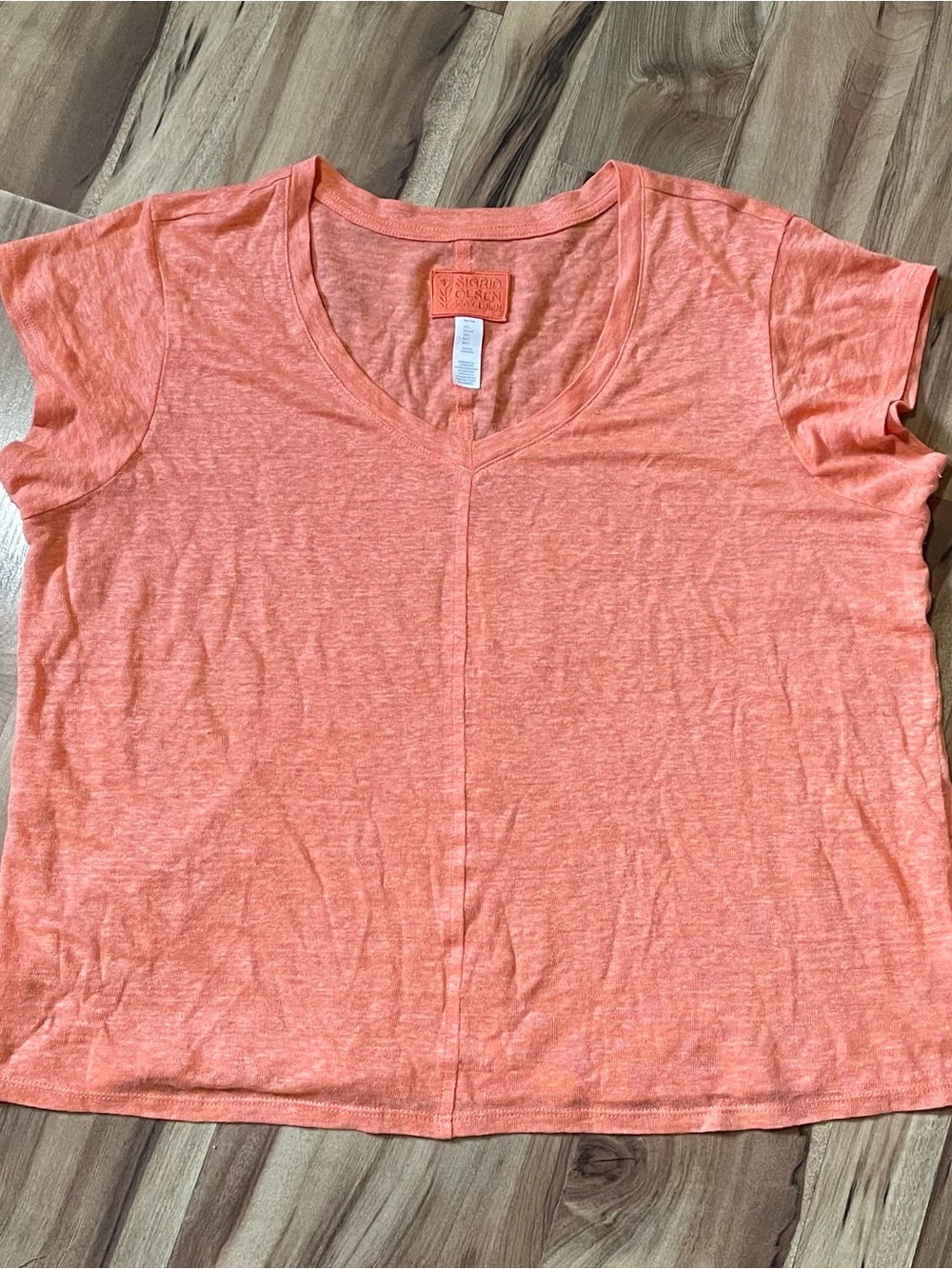 Sigrid Olsen 100% Linen Top Coral Orange V-Neck Cap Sleeve Women's Size L